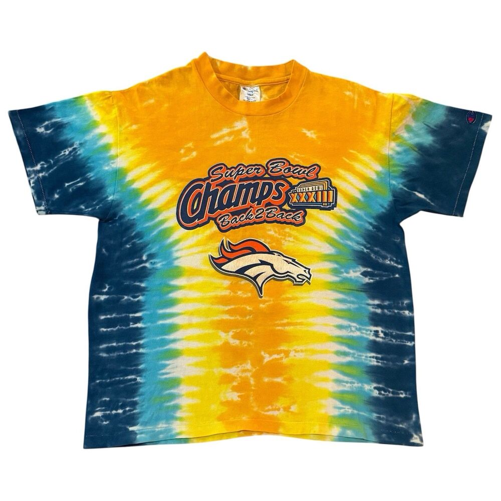 Vintage NFL Broncos Back 2 back Super Bowl XXXIII Tie-dye Champion Shirt Size L